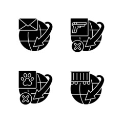 Sticker - International shipment service rules black glyph icons set on white space. Global mail and container freights delivery. Shipping restrictions. Silhouette symbols. Vector isolated illustration