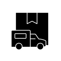 Sticker - International truckload shipping client service black glyph icon. Delivering cargoes and parcels by trucks. Transport company. Silhouette symbol on white space. Vector isolated illustration