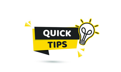 Quick tips advice yellow banner with lightbulb on white background. Vector design