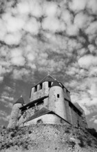 Castle Of Provins, Ile-de-France, France. Medieval Town Of Provins Is UNESCO World Heritage Site. Black White  Historic Photo