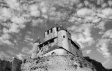 Castle Of Provins, Ile-de-France, France. Medieval Town Of Provins Is UNESCO World Heritage Site. Black White  Historic Photo