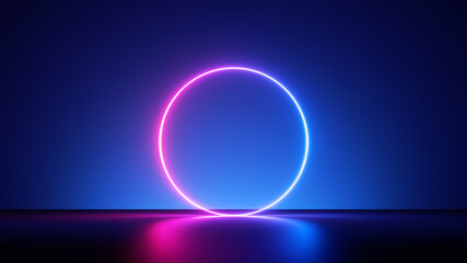 Wall Mural - 3d render, abstract neon background with fluorescent ring, blank round frame. Simple geometric shape. Laser line glowing with pink blue light