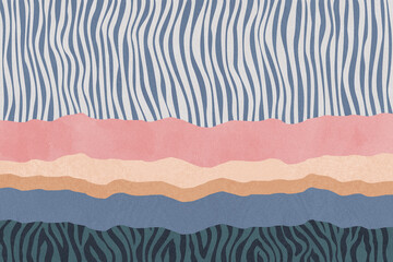 Abstract landscape with zebra pattern. Grainy texture. Vintage, retro style. Hand drawn. Paper cut. Contemporary, modern artwork. Beige, black, pink, green, blue colors. Wallpaper, banner, poster