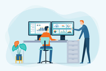 Aufkleber - Flat vector design business marketing Data analysis concept with people team working on monitor graph report dashboard and business finance investment in stock market concept