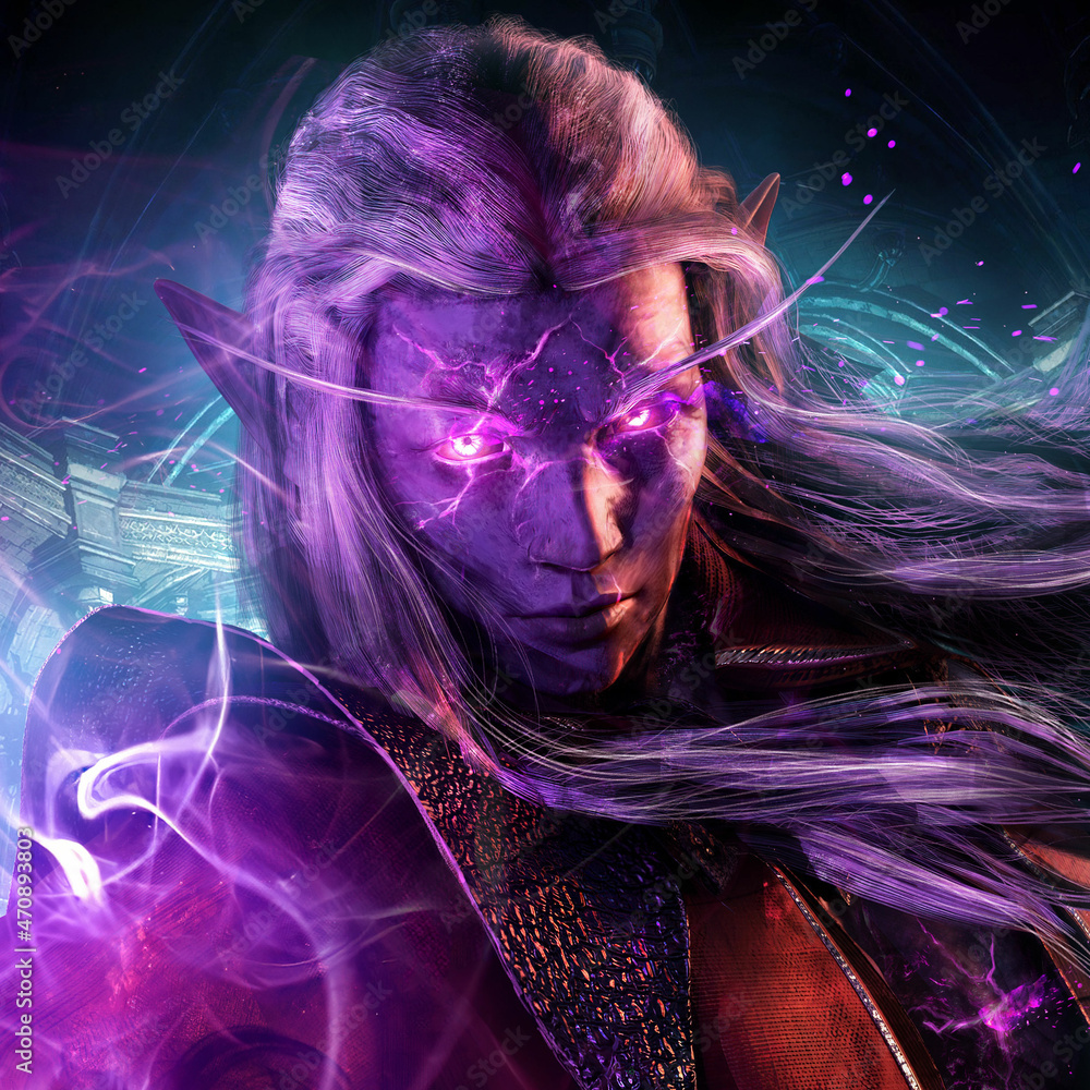 Portrait of a dark elf disfigured by black magic, he has deathly dark ...