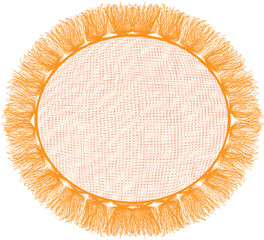 Wall Mural - Oval lacy serviette, napkin, cover, coverlet with tassels in orange, beige colors isolated on white