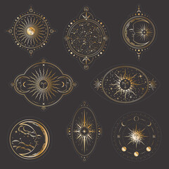 Wall Mural - Vector shiny celestial stickers set with golden suns with sleeping faces, moon phases, crescents and stars. Sketches tattoo in boho style on a black background. Mystic linear labels collection