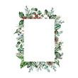 © madiwaso - Watercolor christmas frame with fir branches, pine cone, cotton, leaves isolated on white background. Botanical winter greenery holiday illustration for wedding invitation card design