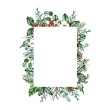 Watercolor Christmas Frame With Fir Branches, Pine Cone, Cotton, Leaves Isolated On White Background. Botanical Winter Greenery Holiday Illustration For Wedding Invitation Card Design