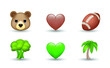 6 Emoticon isolated on White Background. Isolated Vector Illustration. Brown bear, rugby ball, yellow and brown heart, broccoli, palm tree vector emoji Illustration. 3d Illustration set.