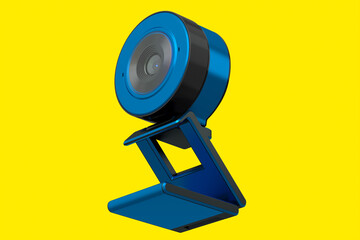 Wall Mural - Web camera on stand for online video chat and conference on yellow background