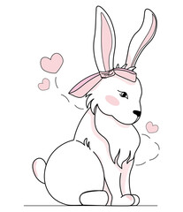 Wall Mural - cute bunny with hearts on white background. minimalistic white rabbit. template for children print o