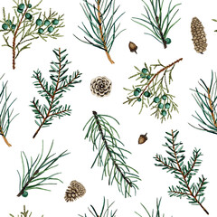 Wall Mural - Watercolor winter seamless pattern with christmas fir branches, pine cones isolated on white background. Xmas new year holiday illustration for fabric textile