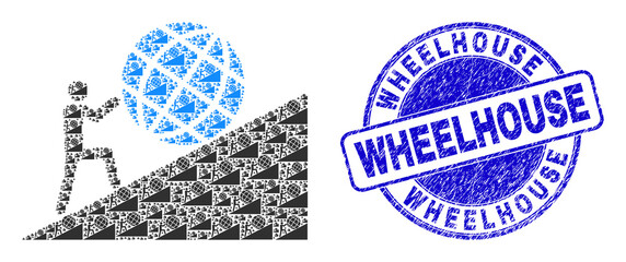 Sticker - Vector man rolling globe up icon composition is designed of randomized self man rolling globe up icons. Wheelhouse textured blue round seal imitation.