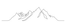 One Continuous Line Drawing Of Mountain Range Landscape. Rocky Peaks With Snow And Mounts In Simple Linear Style. Winter Sports Concept Isolated On White Background. Doodle Vector Illustration