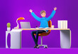 Leinwandbild Motiv 3D rendering illustration. Successful happy businessman working in office by his desk. Office working environment. Busy businessman working with computer, thinking