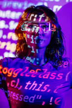 Stylish Young Woman In Projector Lights With Html Code