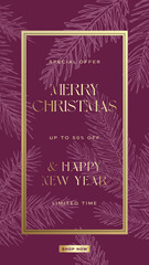 Wall Mural - Christmas Greetings Social Media Poster or Post Card Layout with Hand Drawn Spruce Pine Branches Background and Golden Promo Copy Text. Holiday Purple Background Advertising Story Template