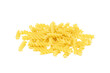 Yellow uncooked fusilli pasta heap isolated on white background.
