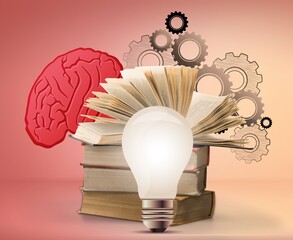 Poster - Art collage with a brain, stack of books, gears and a light bulb. Library, education concept