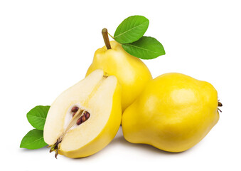 Ripe fruits of a quince and a half of a quince isolated on a white background. Fresh fruits.