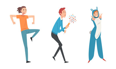 Sticker - Cheerful Man and Woman Dancing and with Firecracker Having Party Vector Set