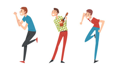 Sticker - Cheerful Man Dancing and Playing Guitar Having Party Vector Set