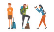 © topvectors - Young Man and Woman Traveler with Backpack and Suitcase Taking Photo and Hiking Vector Set