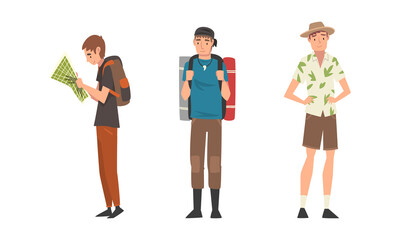 Poster - Young Man Traveler with Backpack Standing with Map Looking for Route Vector Set