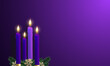Advent purple candles. Christmas card. Realistic violet candles decorated with fir tree twigs. Festive vector illustration.