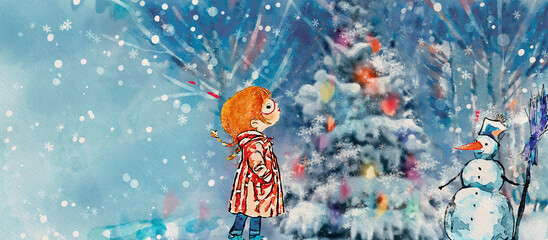 Wall Mural - Winter has come. Christmas tree, snowman and girl.Watercolor background