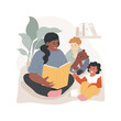 © Vector Juice - Listen to reading aloud isolated cartoon vector illustration. Child listens to adult reading book, reading for infant, cognitive skills development, daycare center, child care cartoon vector.