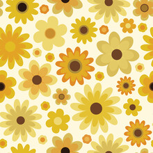Yellow, Retro Sunflower Floral Seamless Vector Pattern. 70s Inspired Print With Bold Yellow Flowers. Groovy, Funky, Happy Seventies Style Repeat Background Wallpaper Design. 