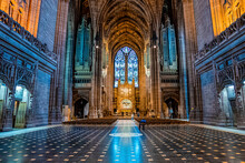 Liverpool, England. September 30, 2021. Tourists At The Interior Of Hall Of The Church Of England Anglican Cathedral Of The Diocese Of Liverpool