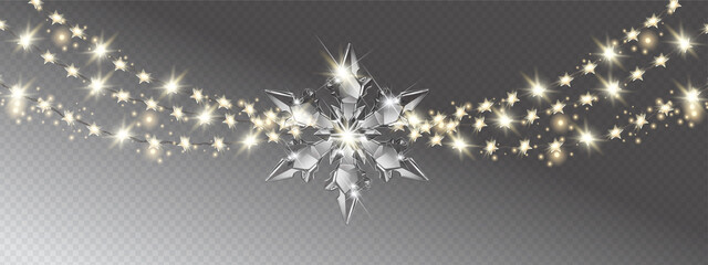 Vector Christmas decoration. Transparent light garlands and glass decoration elements on abstract background. 