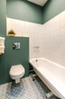 Minimalistic elegant design of bathroom in wormwood green color, installation, white bath. Wall paint for wet room using