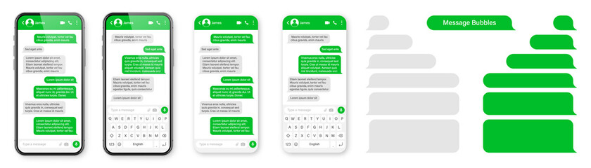 Realistic smartphone with messaging app. Blank SMS text frame. Conversation chat screen with green message bubbles. Social media application. Vector illustration.