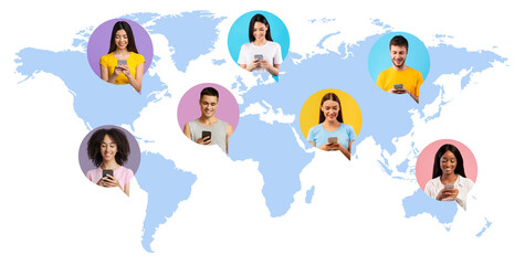 Wall Mural - Global Communication Concept. Different People Using Smartphones For Messaging Over World Map