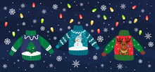 Christmas Ugly Sweaters Set With Deer, Snowman And Spruce On Dark Background.