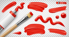 Vector Realistic Illustration Of A Red Paint Tube, Paintbrush And Brush Strokes On A Transparent Background.