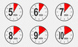 Timer icons with 5, 6, 7, 8, 9, 10 minute time interval. Countdown clock or stopwatch symbols. Infographic elements for cooking preparing instruction. Vector flat illustration.