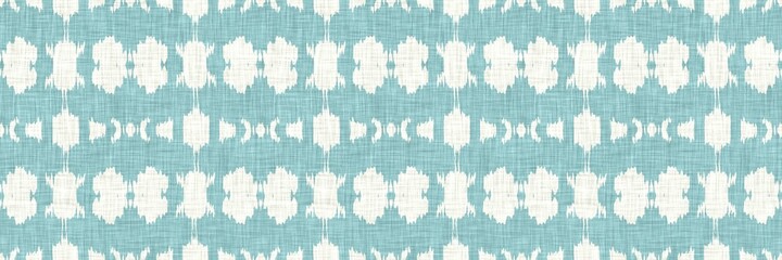 Wall Mural - Aegean teal geometric border strip linen texture background. Summer coastal living style home decor fabric effect. Sea green wash grunge edge material. Decorative textile geo seamless pattern banner.