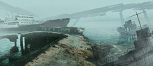 Futuristic Illustration Of Abandoned And Wracked Ship Cemetery On Foggy River Port With Bridge.