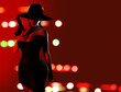 3d render illustration of sexy spy lady with gun in black dress on glowing led lights background.
