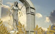 Isolated 3d render illustration of marble greek nature nymph goddess statue standing in golden leaf garden with stone arch background.