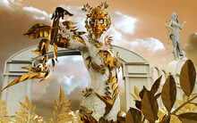 3d Render Illustration Of Fantasy Nature Nymph Goddess With Golden Mask And Outfit Casting Magic Spell On Golden Garden Backdrop With Stone Statues And Columns.