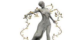 Isolated 3d Render Illustration Of Marble Greek Nature Nymph Goddess Statue With Golden Leafs Standing In Dancing Pose On White Background.