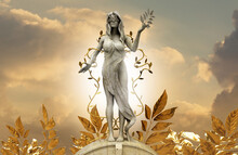 3d Render Illustration Of Marble Greek Nature Goddess Nymph Statue Standing In Golden Leaf Garden And Stone Arch Background.