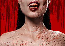 3d Render Illustration Of Sexy Female Vampire Face Covered In Blood Splatter On Red Background.