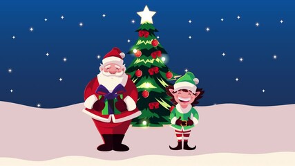 Canvas Print - merry christmas animation with santa and elf